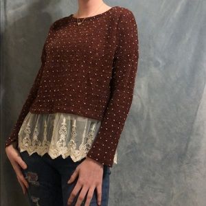 Cropped Maroon Sweater Blouse Polka Dot and Lace